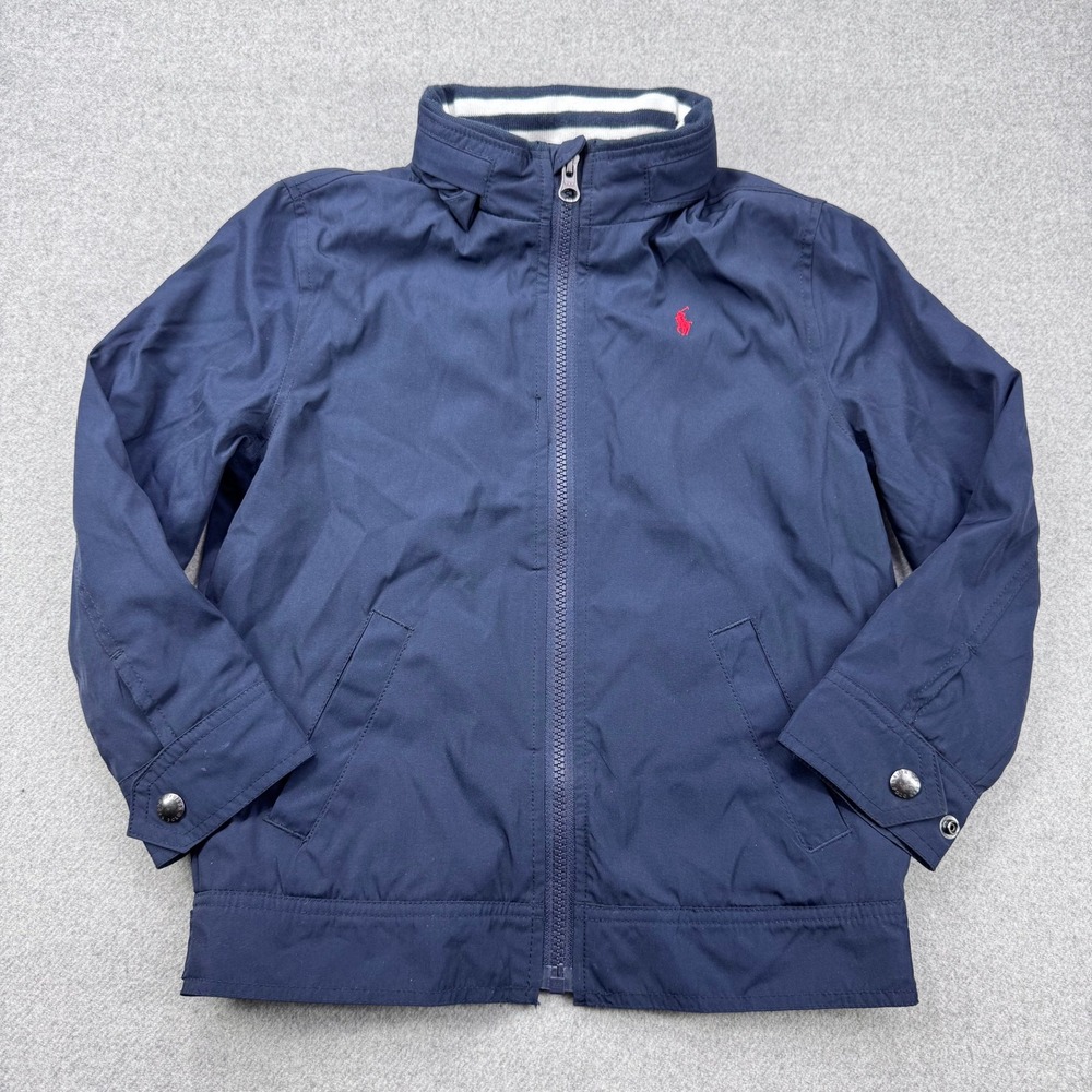 Polo Ralph Lauren Boys Bi-Swing Jacket Size 5 Navy Blue Red Pony Hidden Hood‎
